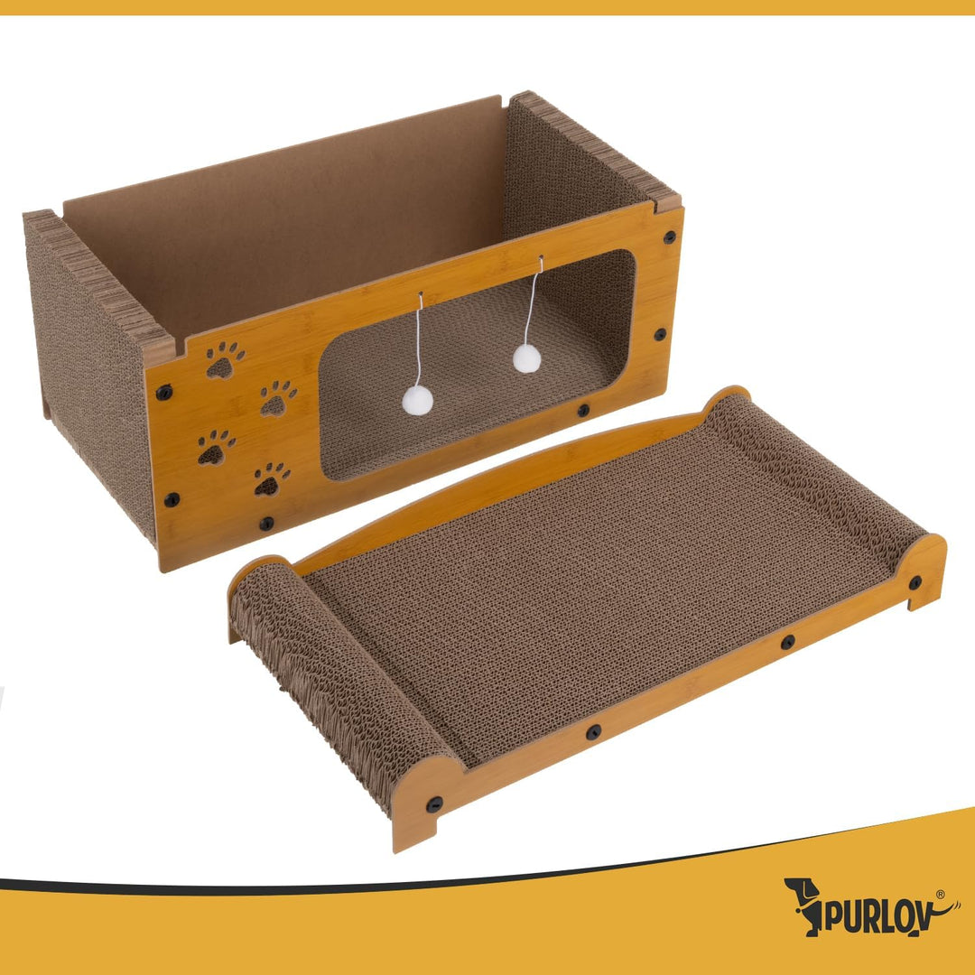 Purlov Katzen Kratzhaus 3-in-1 mit 2 Ebenen – HDF & extra Feste Wellpappe, Liegeplatz + Kratzfläche