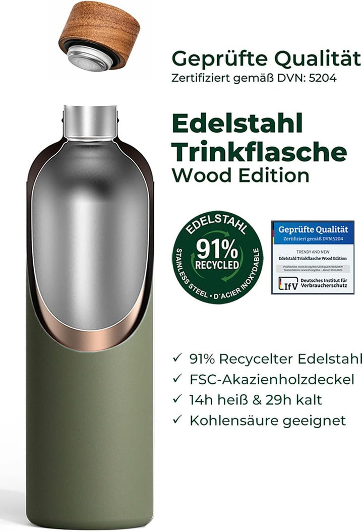 T&amp;N Edelstahl Trinkflasche 1 Liter, Thermosflasche 1l mit Akazienholz Deckel, Isolierte Wasserflasch