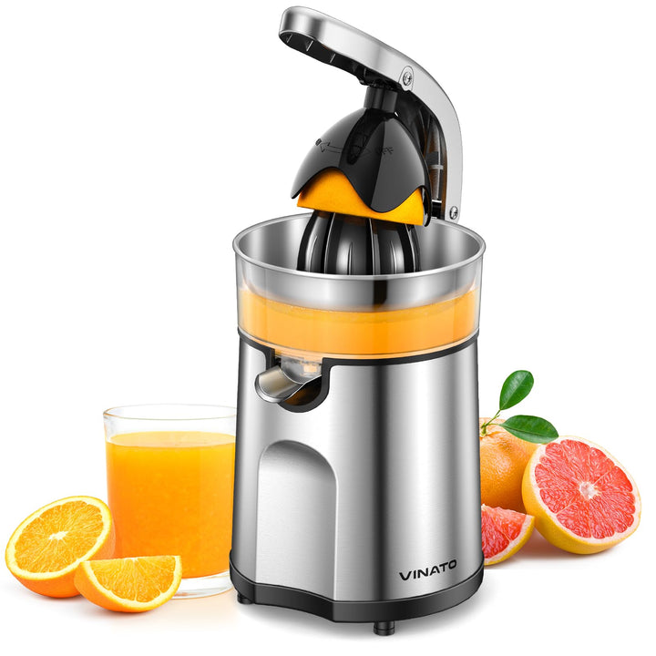 VINATO Elektrische Zitruspresse Edelstahl mit 2 Presskegeln – Automatische Orangenpresse &amp; Zitronenp