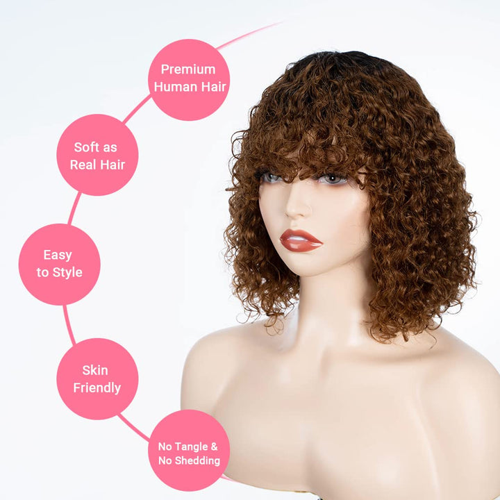 FASHION IDOL Bob Curly Echthaar-Perücken mit Pony Short Curl Bob Perücken Echthaar brasilianische Vi