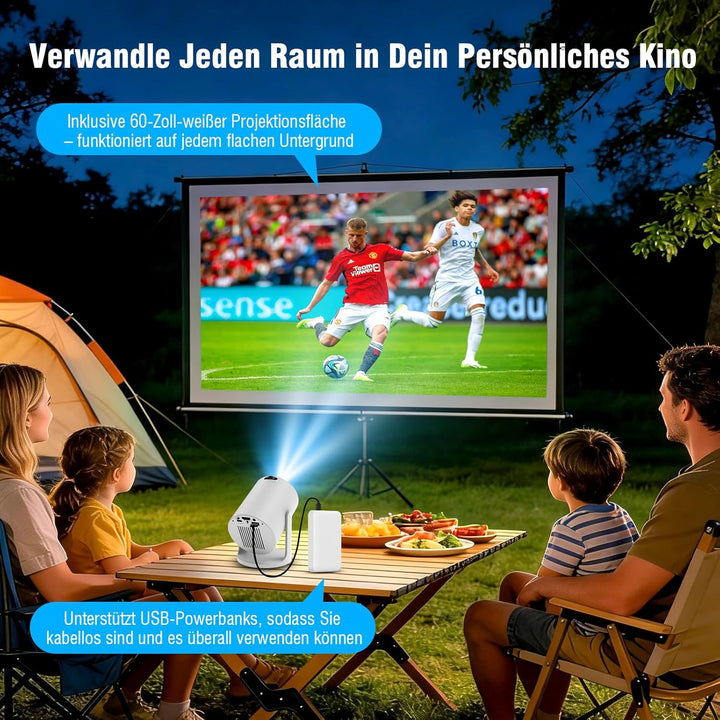 Tragbarer Mini Beamer 4K mit WiFi 6 und Bluetooth, Kleiner Projektor für unterwegs, 360° drehbarer F