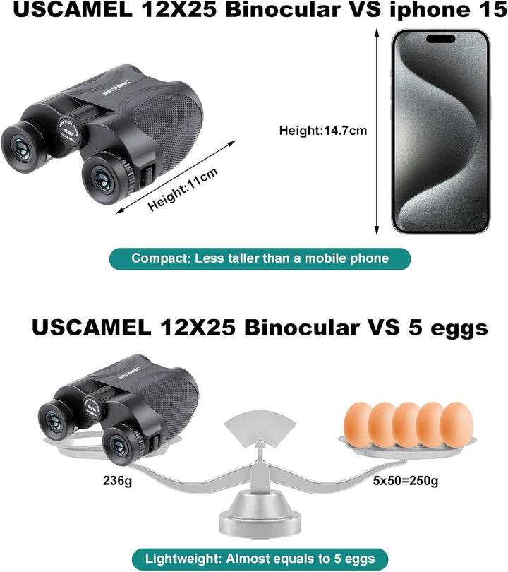 USCAMEL 12x25 Kompaktes Kleines Fernglas für Erwachsene Kinder mit 16.5 mm Okularen, BAK-4 Prisma, W