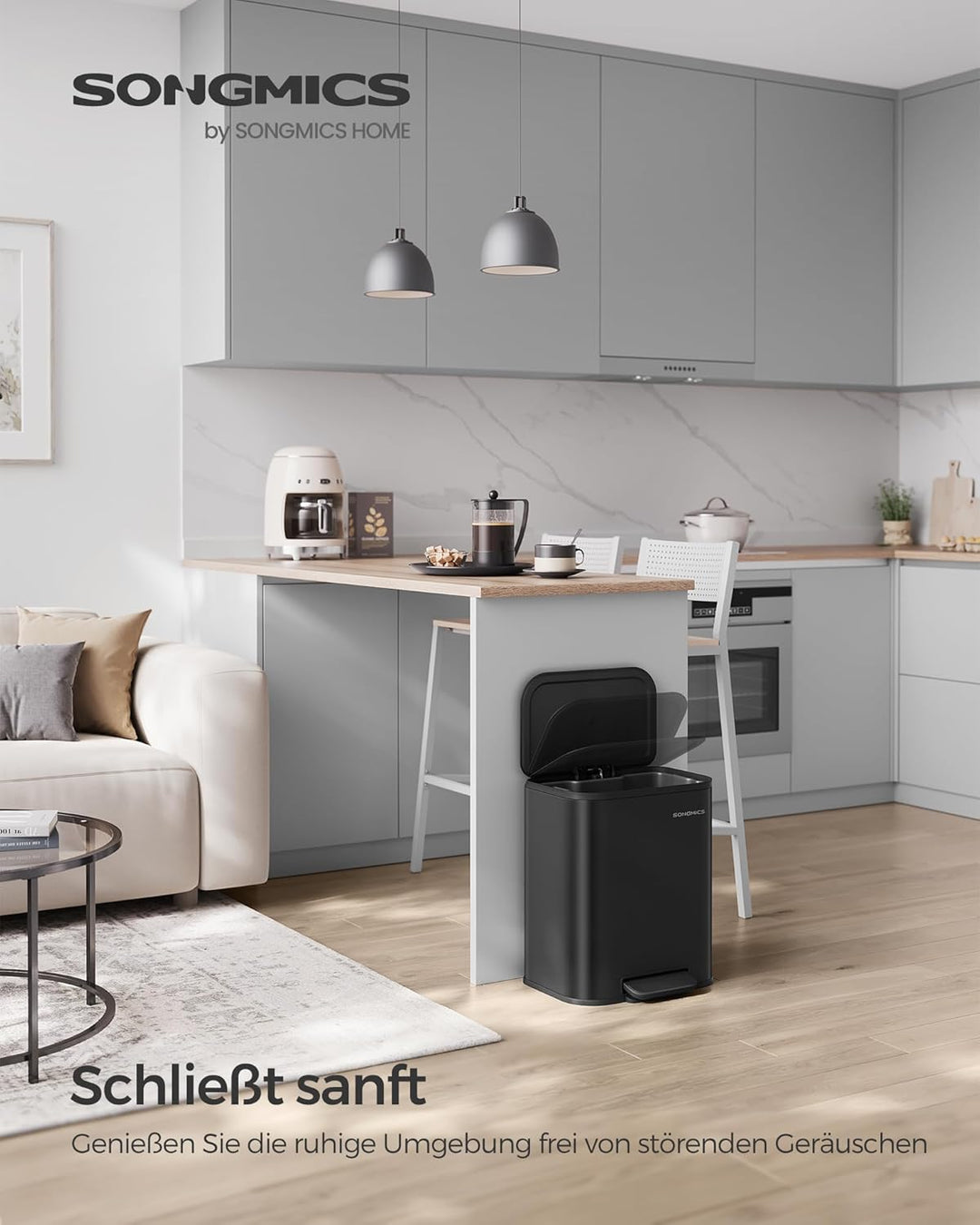 SONGMICS Mülleimer Küche, 20 Liter Abfalleimer mit Deckel, Tretmülleimer, Stahl, Softclose, Offenhal