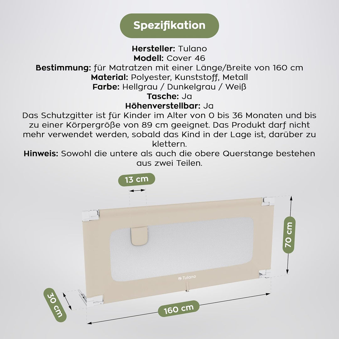 TULANO Cover 46, Bettgitter Kinderbett, Sicherheitsgitter Absenkfunktion, 18-Fach höhenverstellbar,