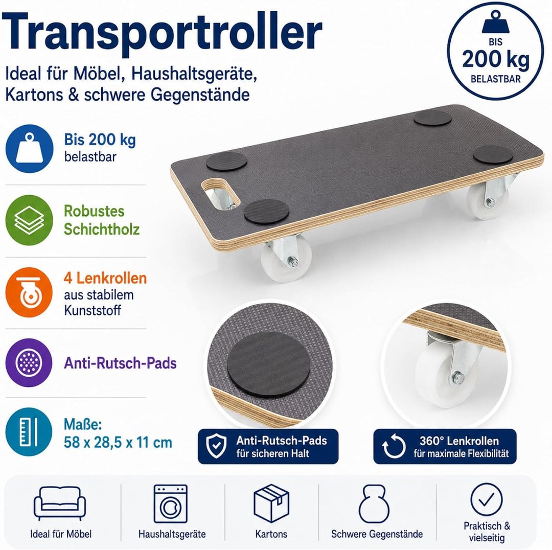 Bituxx Transportroller Möbelroller Rollbrett Umzugsroller Allzweckroller Rechteck Schichtholz 58 x 2