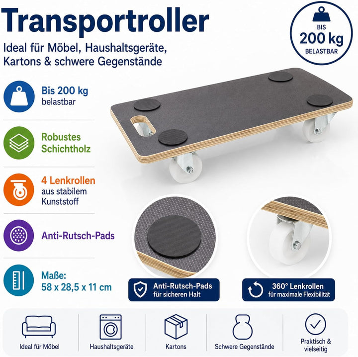 Bituxx Transportroller Möbelroller Rollbrett Umzugsroller Allzweckroller Rechteck Schichtholz 58 x 2