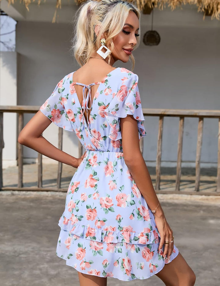 KOJOOIN Damen Sommerkleider Kurzarm Elegant V-Ausschnitt Boho Kleid Chiffon Blumenkleid Mini Kleid R