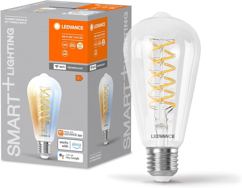 LEDVANCE SMART+ WIFI LED-Lampe, Weissglas, 8W, 806lm, Edison-Form mit 64mm Durchmesser & E27, reguli