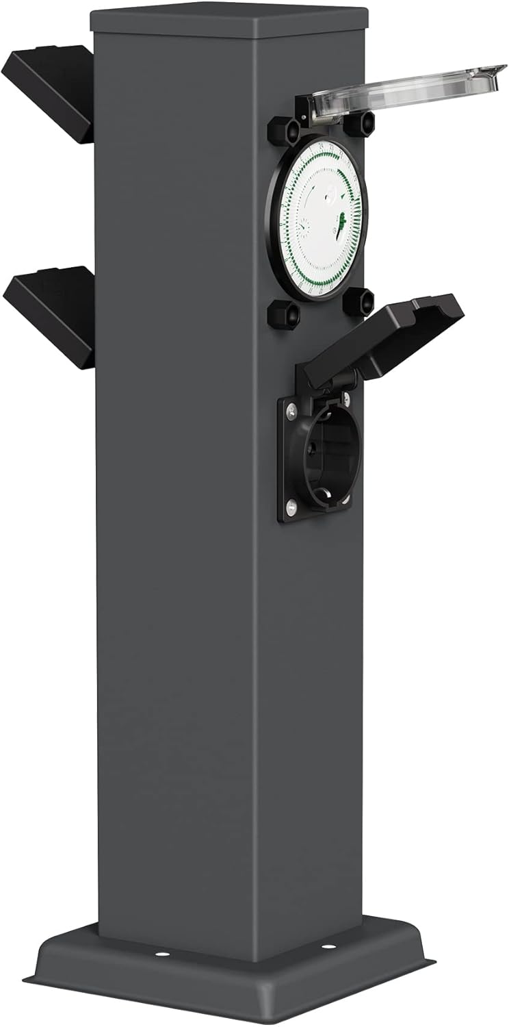 ledscom.de 2X Garten Steckdosensäule Polly für aussen, IP44, Timer/Zeitschaltuhr, 3-Fach, anthrazit,
