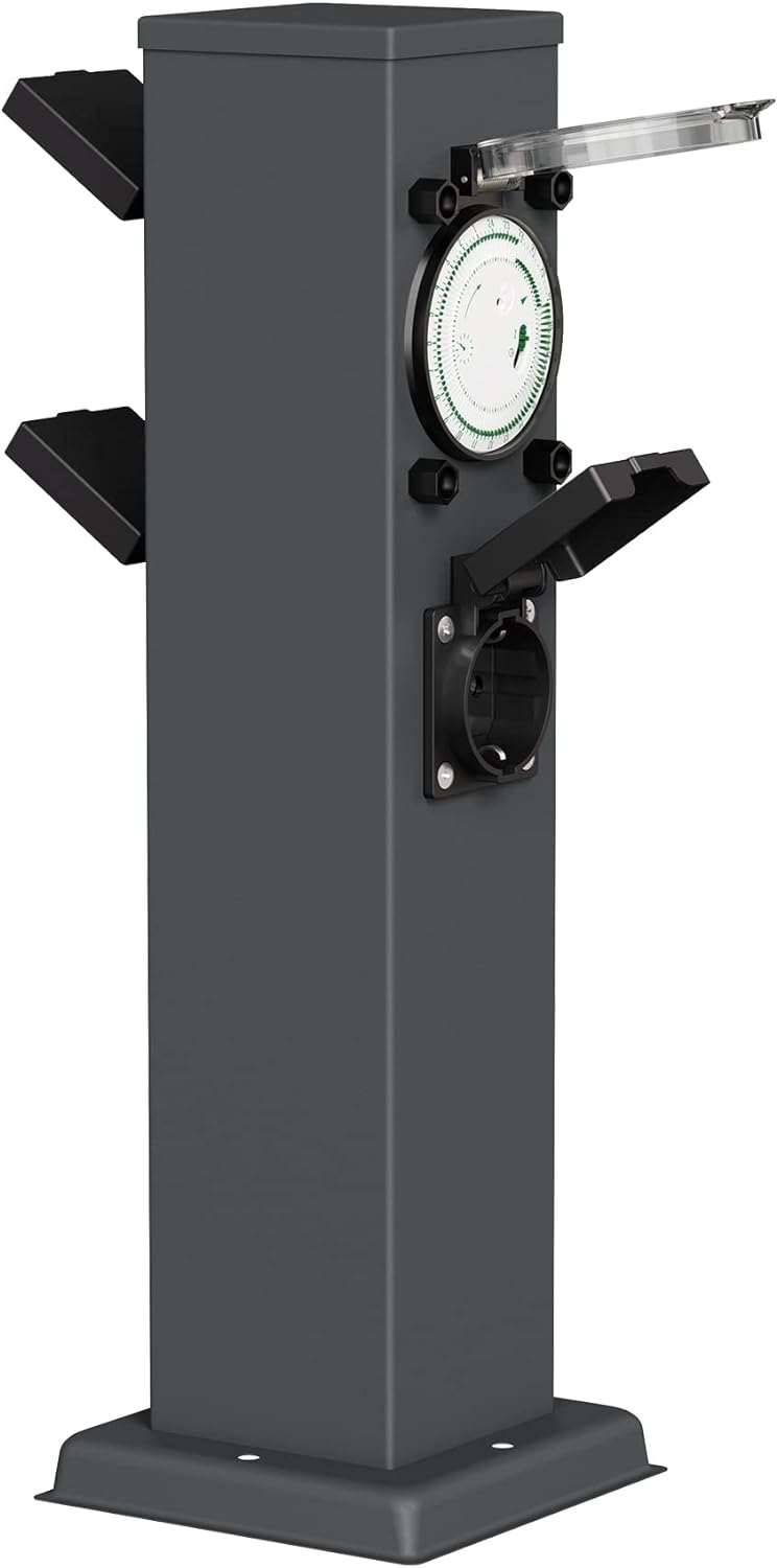 ledscom.de Garten Steckdosensäule Polly für aussen, IP44, Timer/Zeitschaltuhr, 3-Fach, anthrazit, ec