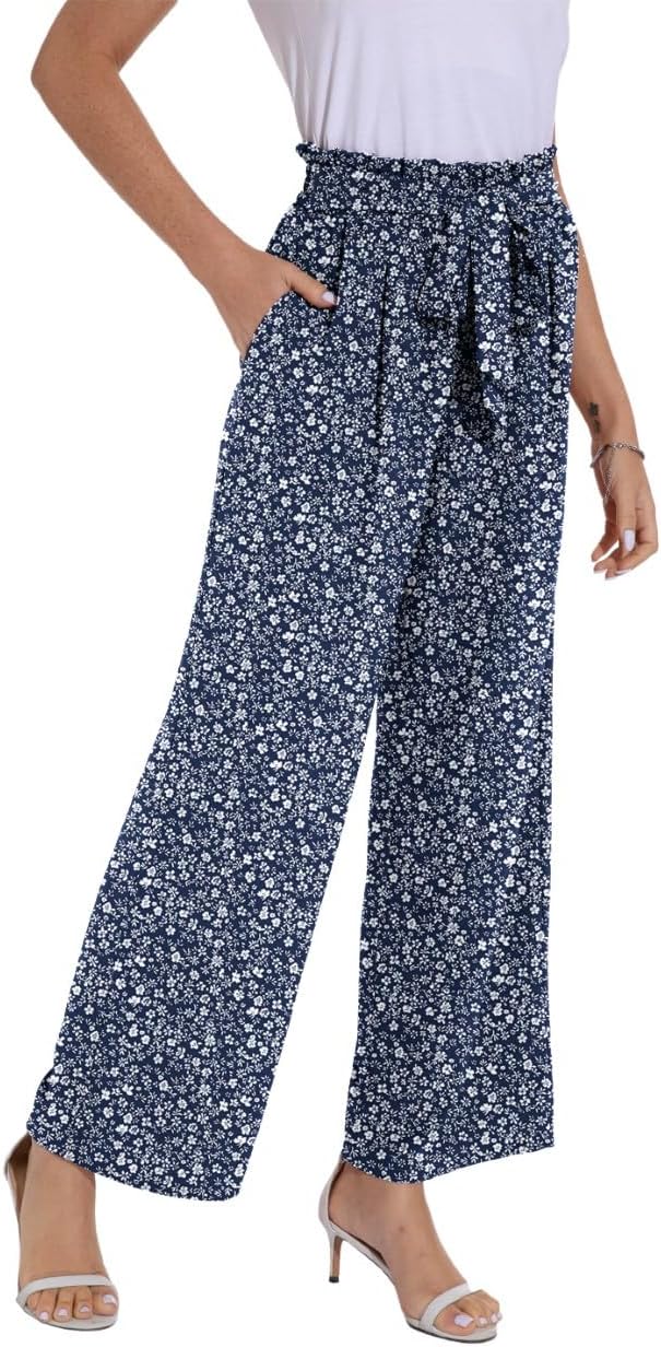 PrinStory Damen Hose Mit Weitem Bein Leichte Elastische Taille Sommer Hose Mit Taschen Kausale Arbei