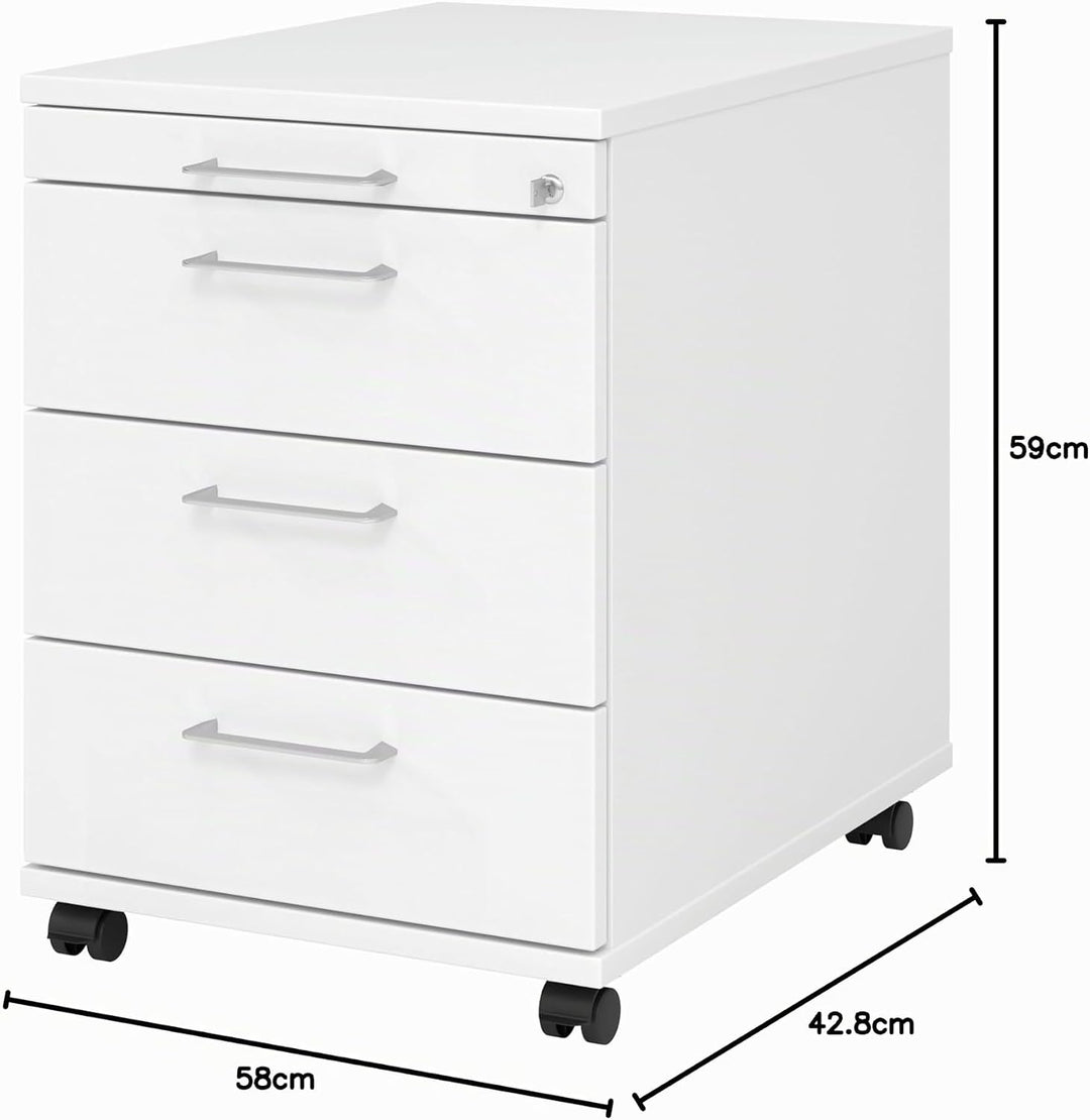 bümö Rollcontainer mit Schubladen, Container abschliessbar aus Holz in Weiss - Rollwagen für&
