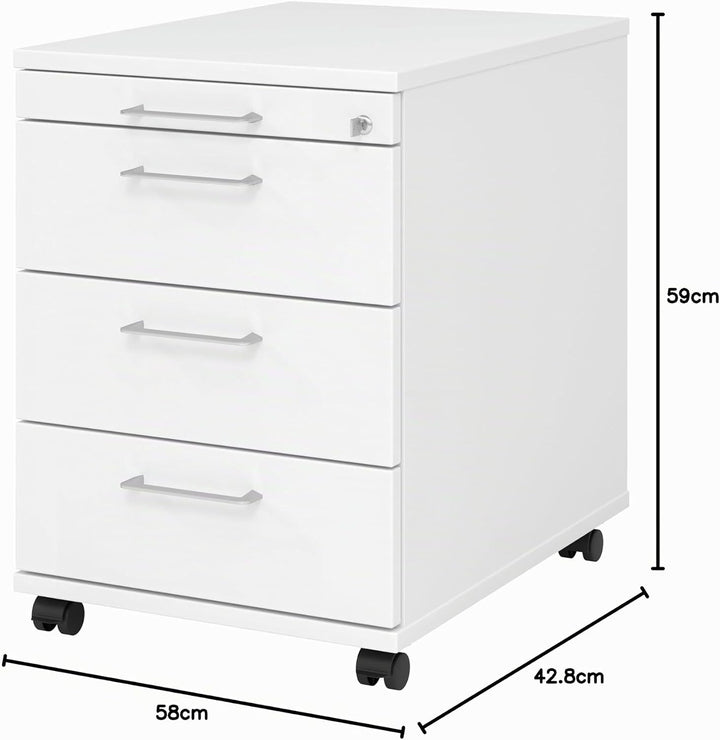 bümö Rollcontainer mit Schubladen, Container abschliessbar aus Holz in Weiss - Rollwagen für&
