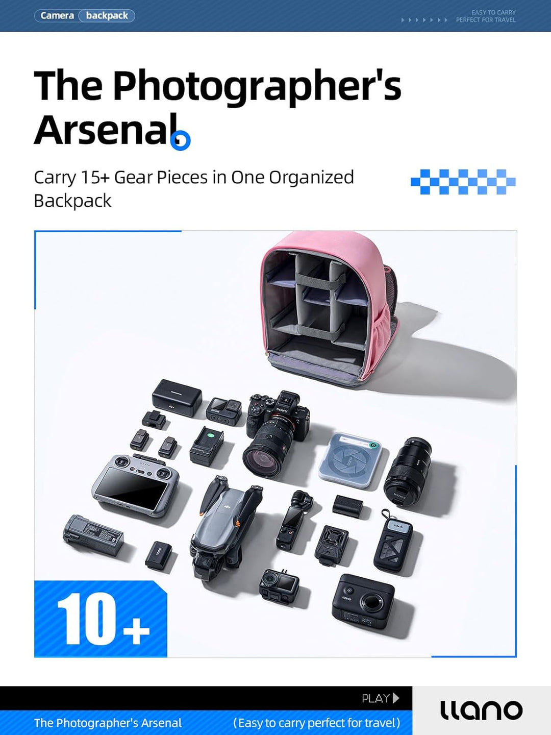 llano Kamerarucksack für DSLR/SLR/Spiegellose Kameras – Wasserabweisender Fotorucksack mit Laptopfac