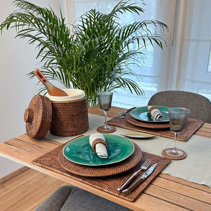 Eiskübel/Eiseimer mit Deckel und Zange, aus Kunststoff &amp; geflochtenem Rattan, Ø 20 x H 25 cm / 2,5 L