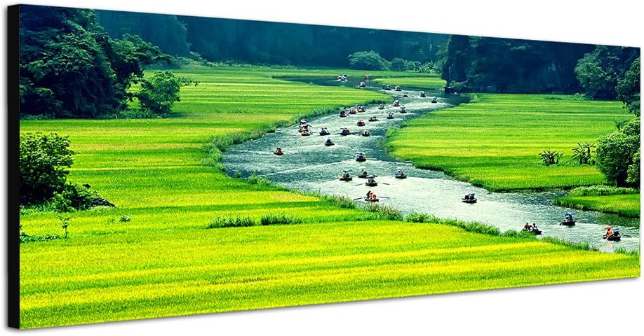 Paul Sinus Art Panoramabild auf Leinwand und Keilrahmen 150x50cm Vietnam Landschaft Reisfeld Fluss B