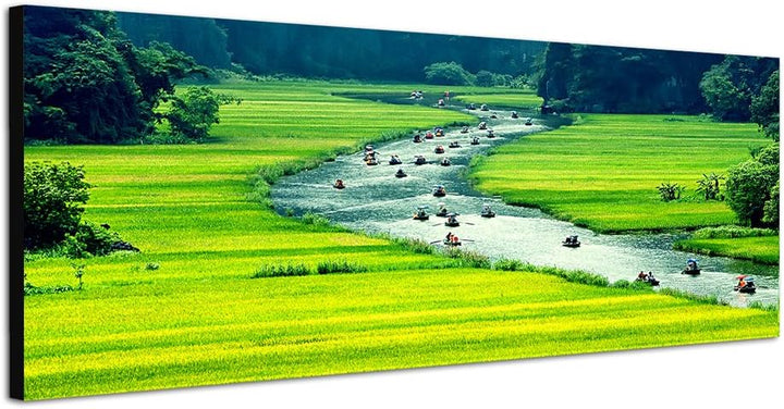 Paul Sinus Art Panoramabild auf Leinwand und Keilrahmen 150x50cm Vietnam Landschaft Reisfeld Fluss B