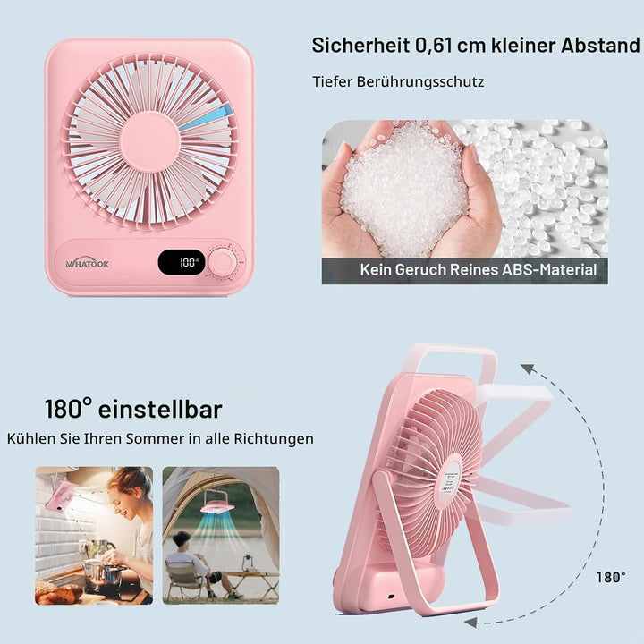 WHATOOK USB-Tischventilator Leise: Stufenlos 1-100 Regler, 5000mAh Akku Wiederaufladbarer Ventilator