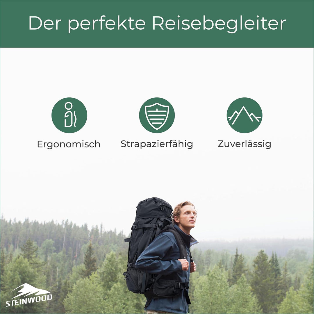 Steinwood Trekkingrucksack 70L (neu 2024), Wanderrucksack, Backpacker-Rucksack, Reiserucksack, wasse