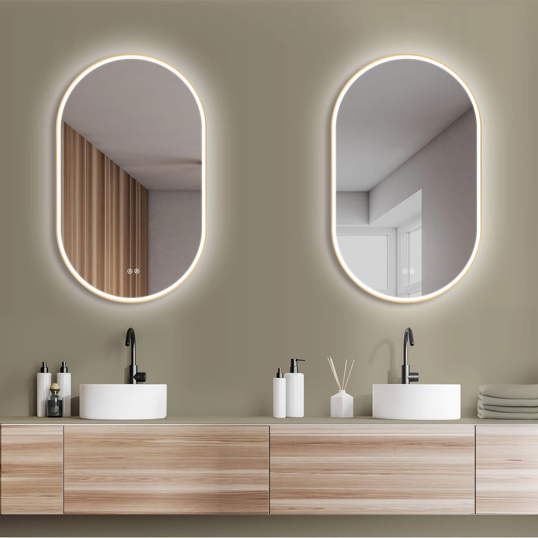 HOKO Badezimmerspiegel LED Oval 50x90 cm / 90x50 cm London mit Rahmen Gold, Anti-Beschlag, energiesp