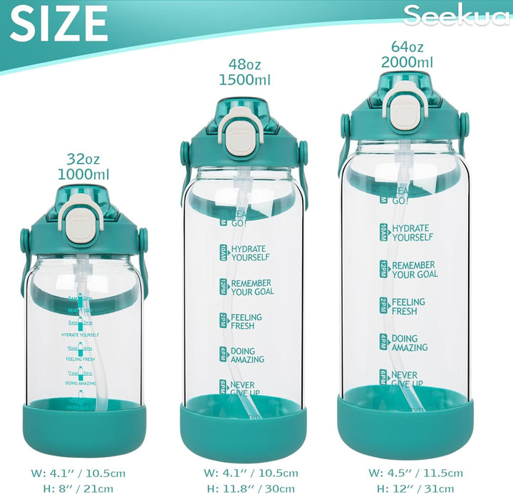 Seekua 2l Trinkflasche Glas Flasche mit Strohhalm & Zeitmarkierung, 2 liter Wasserflasche mit Frücht