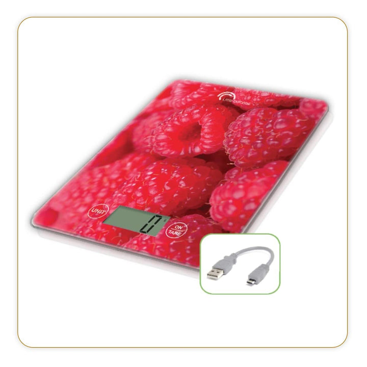 LITTLE BALANCE 8546 Slim Himbeeren USB-R, Küchenwaage ohne Batterie, USB wiederaufladbar, reparierba