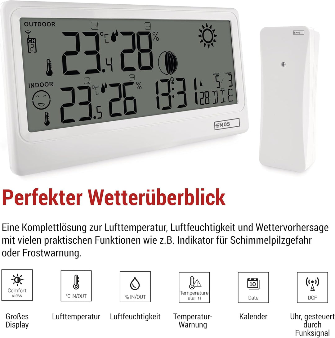 EMOS - Funk-Wetterstation mit Aussensensor - Innen-/Aussentemperatur, Luftfeuchtigkeit, Wettervorher