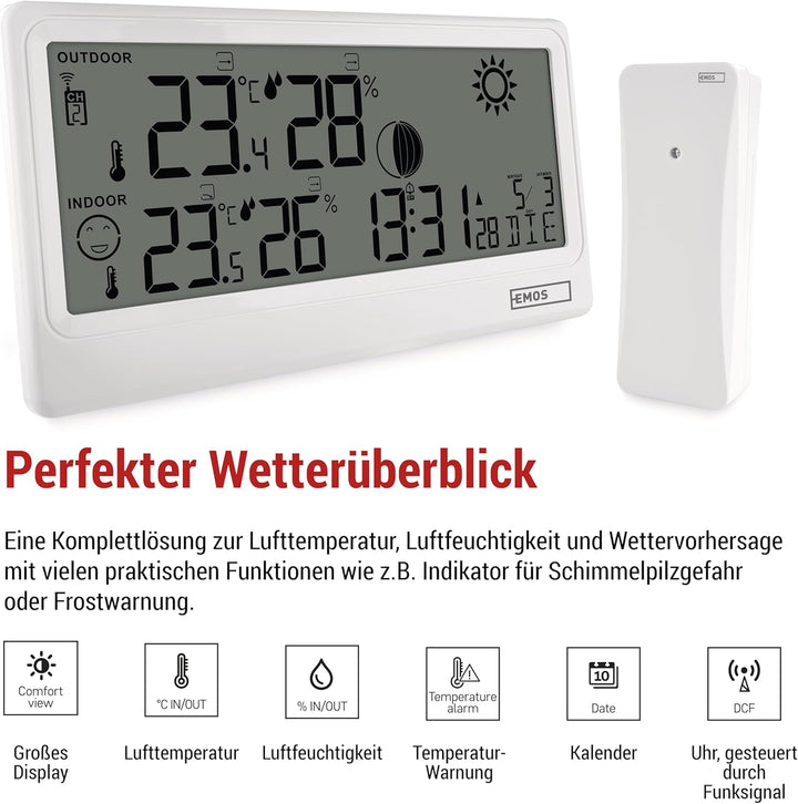 EMOS - Funk-Wetterstation mit Aussensensor - Innen-/Aussentemperatur, Luftfeuchtigkeit, Wettervorher