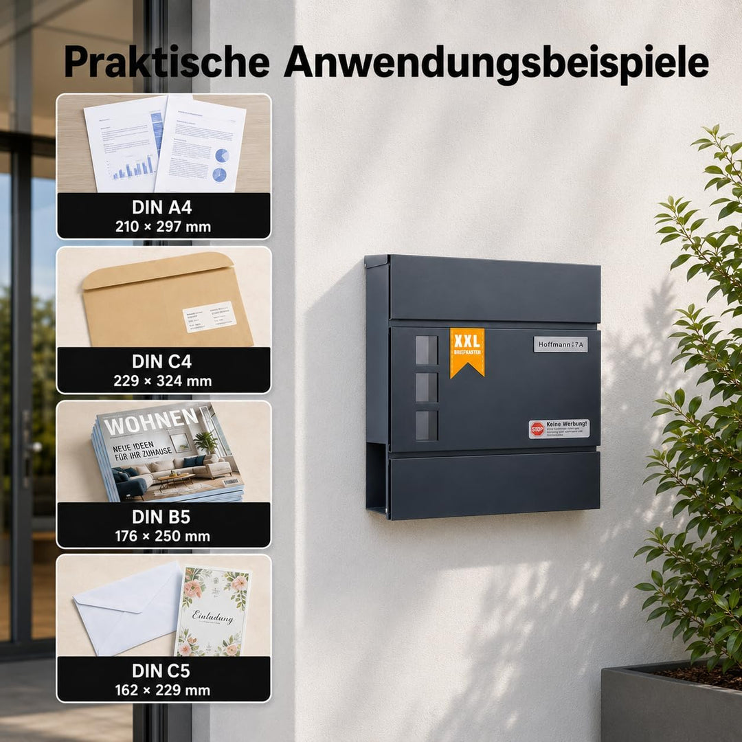 Zedelmaier XL Briefkasten personalisiert mit Edelstahl Namensschild Anthrazit Wandbriefkasten Postka