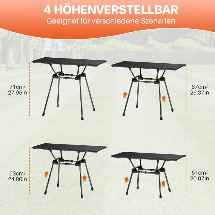 FUNYKICH Campingtisch Klappbar 89 x 40cm,Picniktisch mit 4 Höhenverstellbar, Aluminium Aufrollbare T