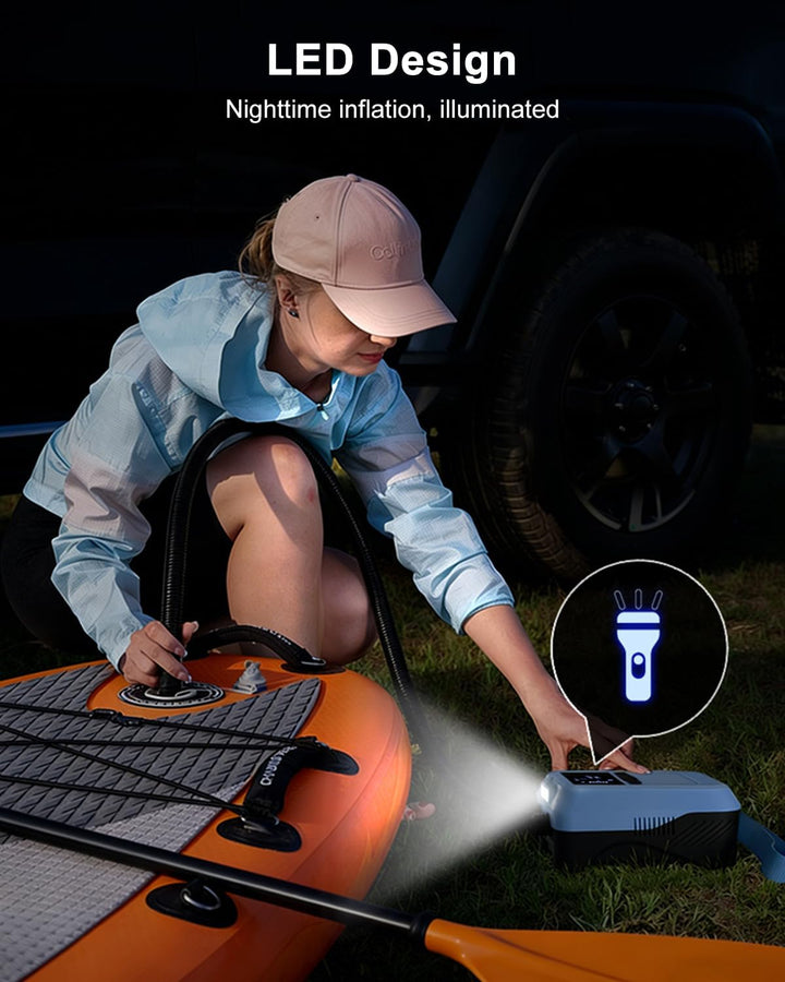 Mojimdo Elektrische SUP Pumpe 20 PSI mit Licht, Kabellos Wiederaufladbar, 5 Modi & Custom Modus, Dua