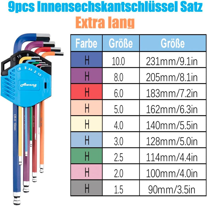 Awang Innensechskant Satz, 9tlg Innensechskantschlüssel HX mit Kugelkopf 1.5mm-10mm, Cr-V-Stahl, Pro