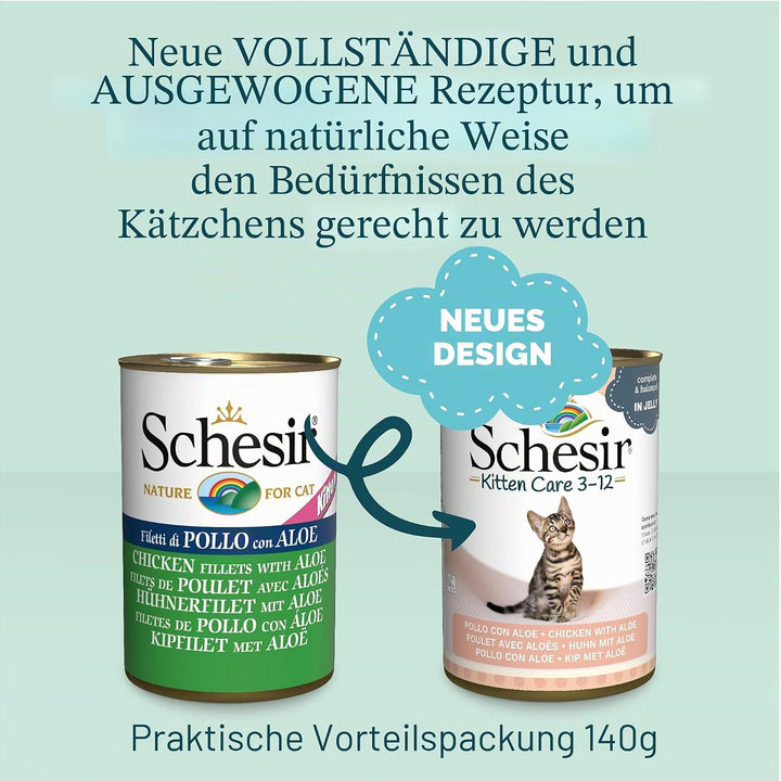 Schesir Cat Jelly Kitten Hühnerfilet mit Aloe Vera, Katzenfutter nass für Kätzchen in Gelee, 24 Dose