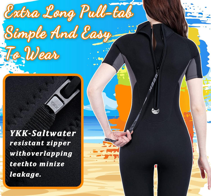 Neoprenanzug Damen und Herren Kurz 3mm für Herren Rückenreissverschluss zum Tauchen, Schnorcheln, Su