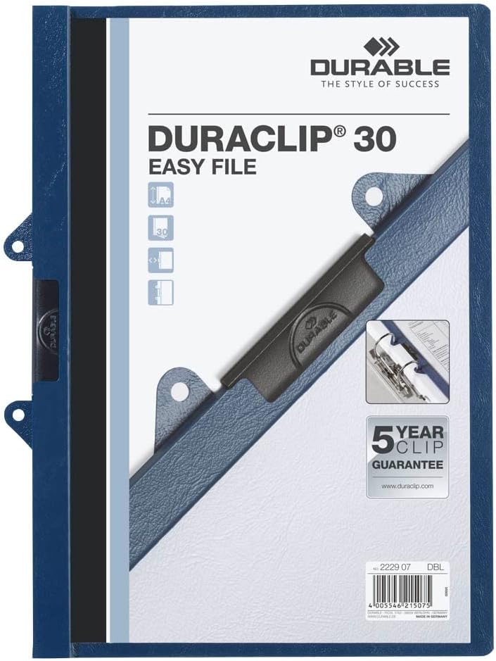 Durable Klemm-Mappe Duraclip 30 Easy File, abheftbar, Hartfolie, bis 30 Blatt A4, dunkelblau, 25er P