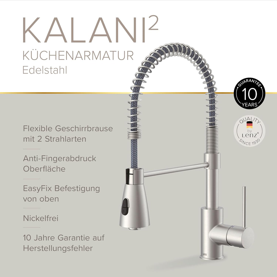 Lenz Küchenarmatur KALANI² in Edelstahl-Optik – mit verstellbarer Geschirrbrause – einfache Installa