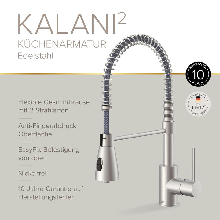 Lenz Küchenarmatur KALANI² in Edelstahl-Optik – mit verstellbarer Geschirrbrause – einfache Installa