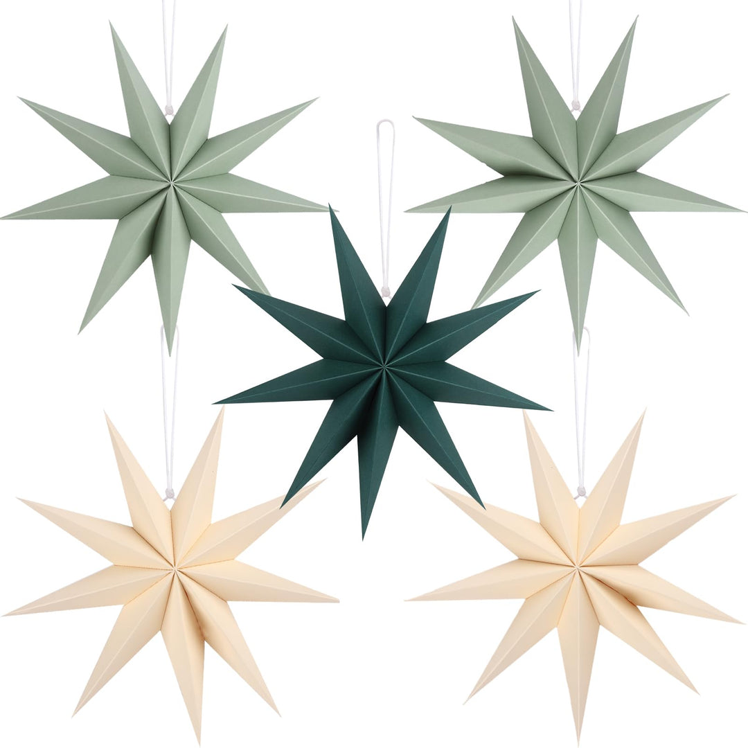 5 Stück Papiersterne Weihnachten Beige 30cm Salbeigrün 9 Zacken Creme Papiersterne Faltsterne Aufhän