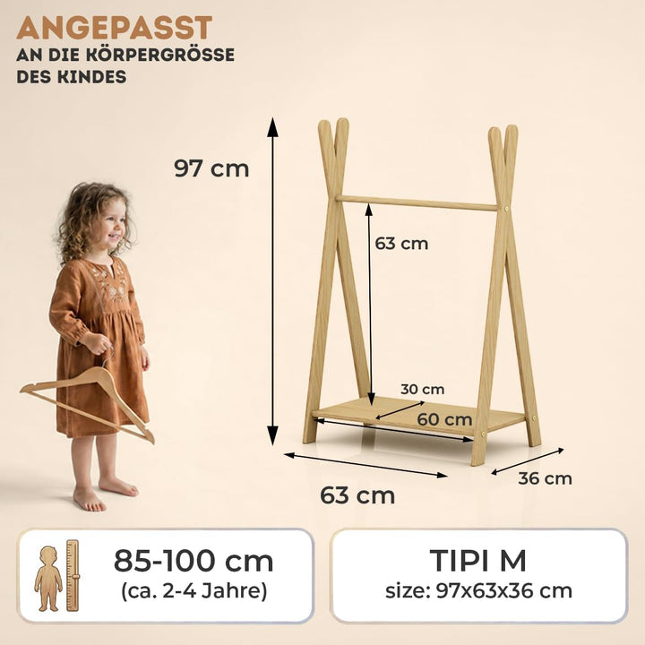smartwood TIPI M - Kleiderständer für Kinder, Montessori Kindergarderobe mit Ablage - 3 Grössen, Nat