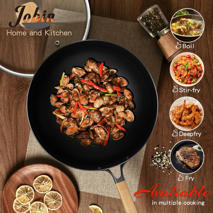 Jobin 30cm Wok Antihaft mit Deckel, Wokpfanne Induktion Ohne Chemische Beschichtung und Grosses Fass