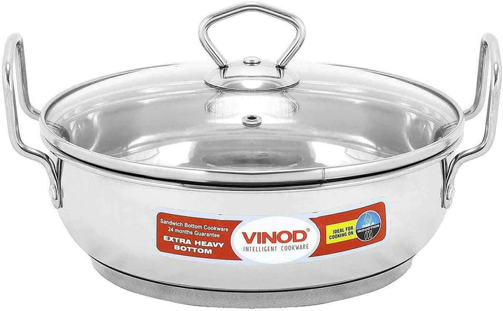 Vinod Kadai Wok aus Edelstahl, Induktionsfreundlich, mit Glasdeckel, 20 cm / 2 l