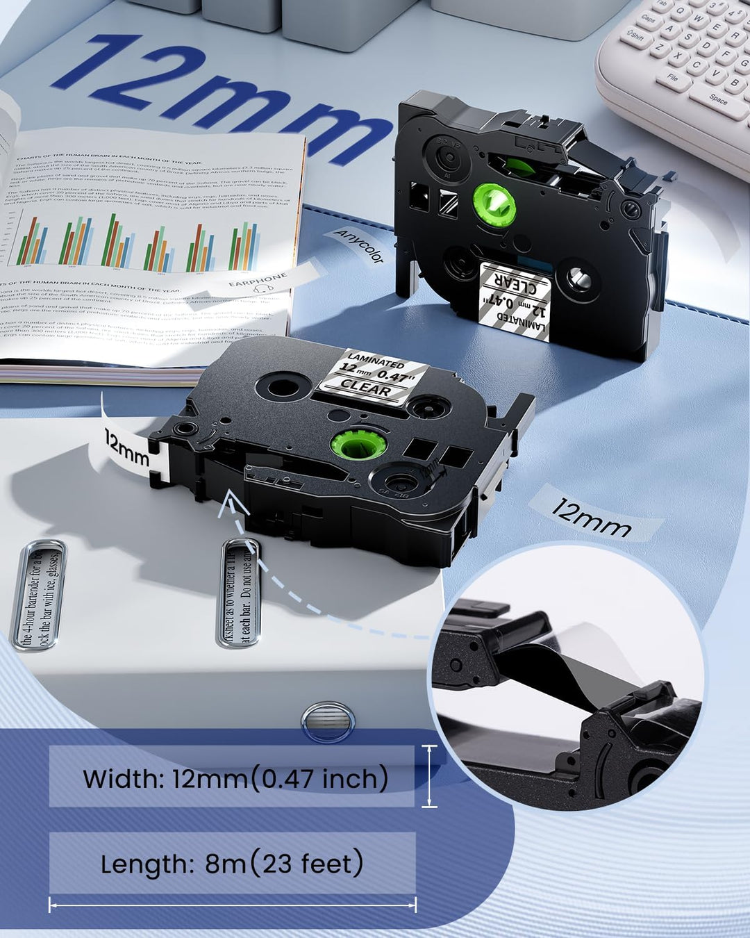 Anycolor TZe-131 12mm Clear Laminated Schriftband kompatibel mit Brother P-touch Bänder Transparent