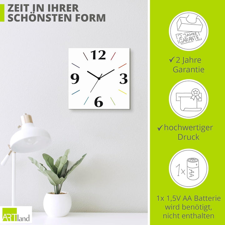ARTLAND Wanddeko Wanduhr ohne Tickgeräusche Alu Quarzuhr 30x30 cm Quadratisch Lautlos 4 Ziffern Farb