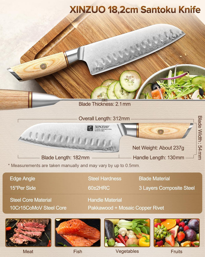 XINZUO Edelstahl 18.2cm Santokumesser, 3 Schichten Verbundstahl 10Cr15CoMoV Kochmesser, Profi Chefme