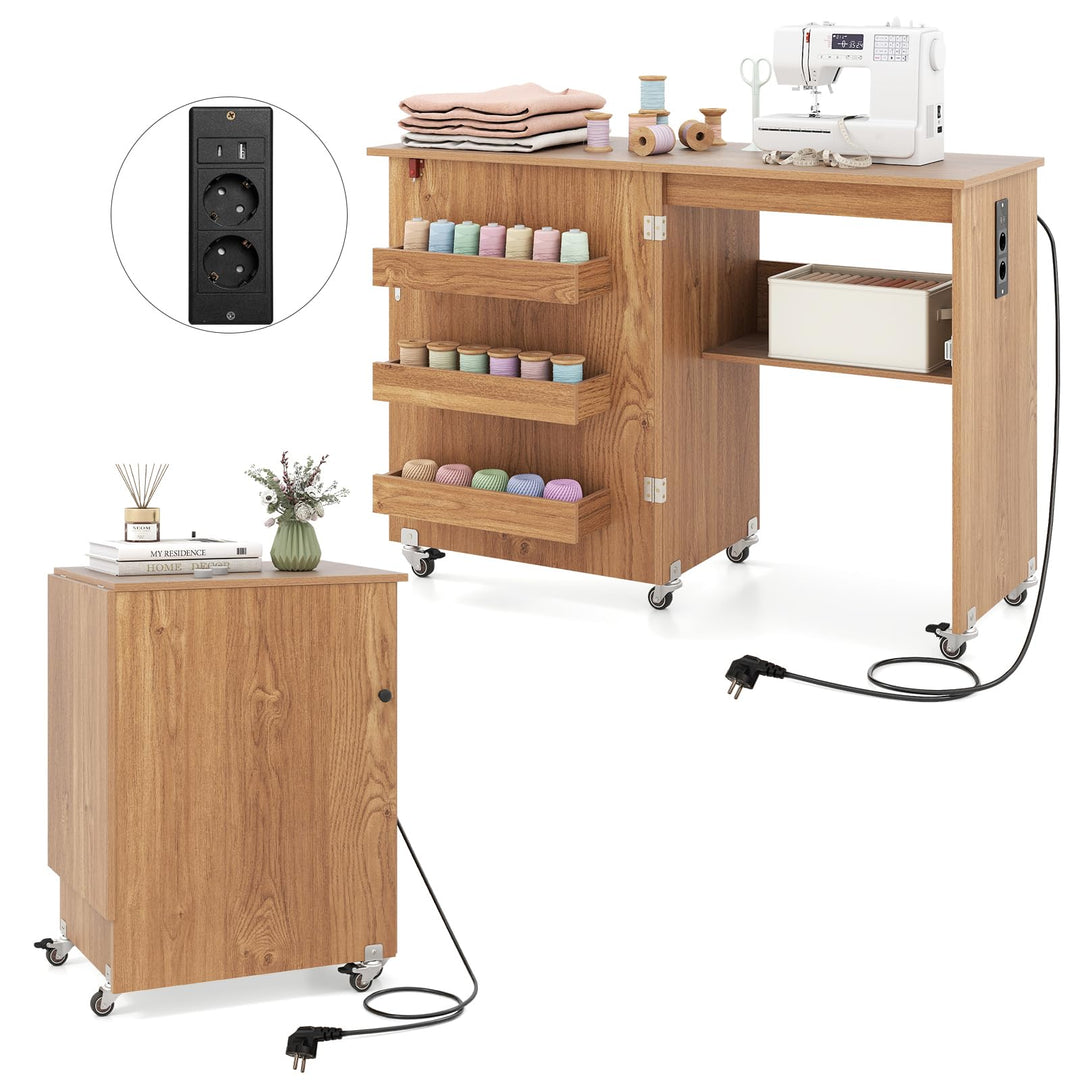 GIANTEX Nähtisch mit Ladestation, Nähmaschinentisch klappbar, Nähschrank mit Rollen, Nähmaschinensch