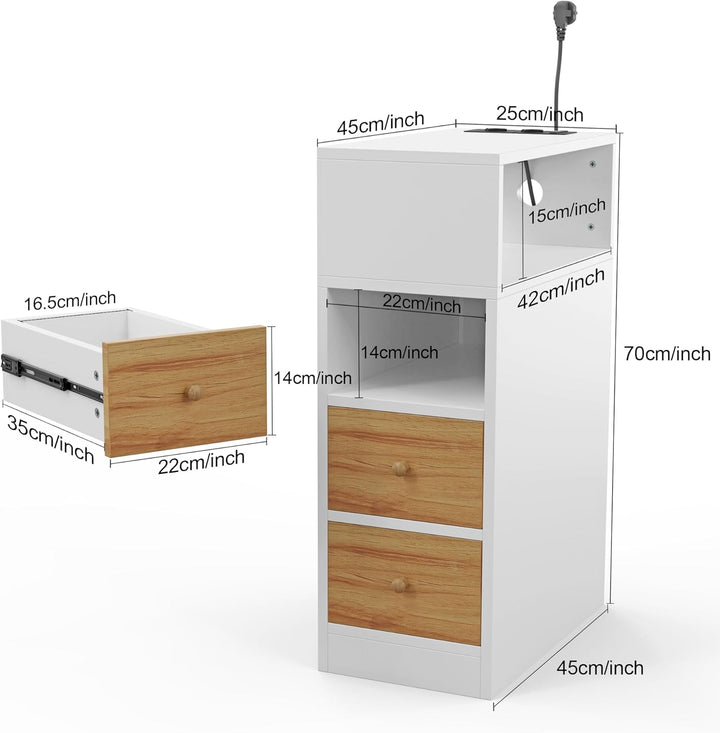 PIPIPOXER Nachttisch schmal, Nachttisch mit Steckdose & USB, Nachtschrank mit 3 Schublade, 1 Offenen