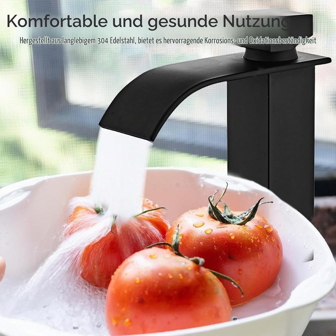 Touch-On Wasserhahn Bad Schwarz - Mattierte Wasserfall-Armatur mit Fingerprint-Schutz | Einhebelmisc