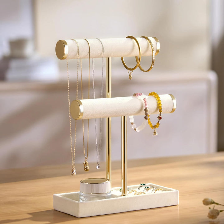 Schmuck Organizer mit 2 Ebenen - Beige Schmuckständer Armbänder, Abnehmbarer T-Steg Schmuck Ständer,