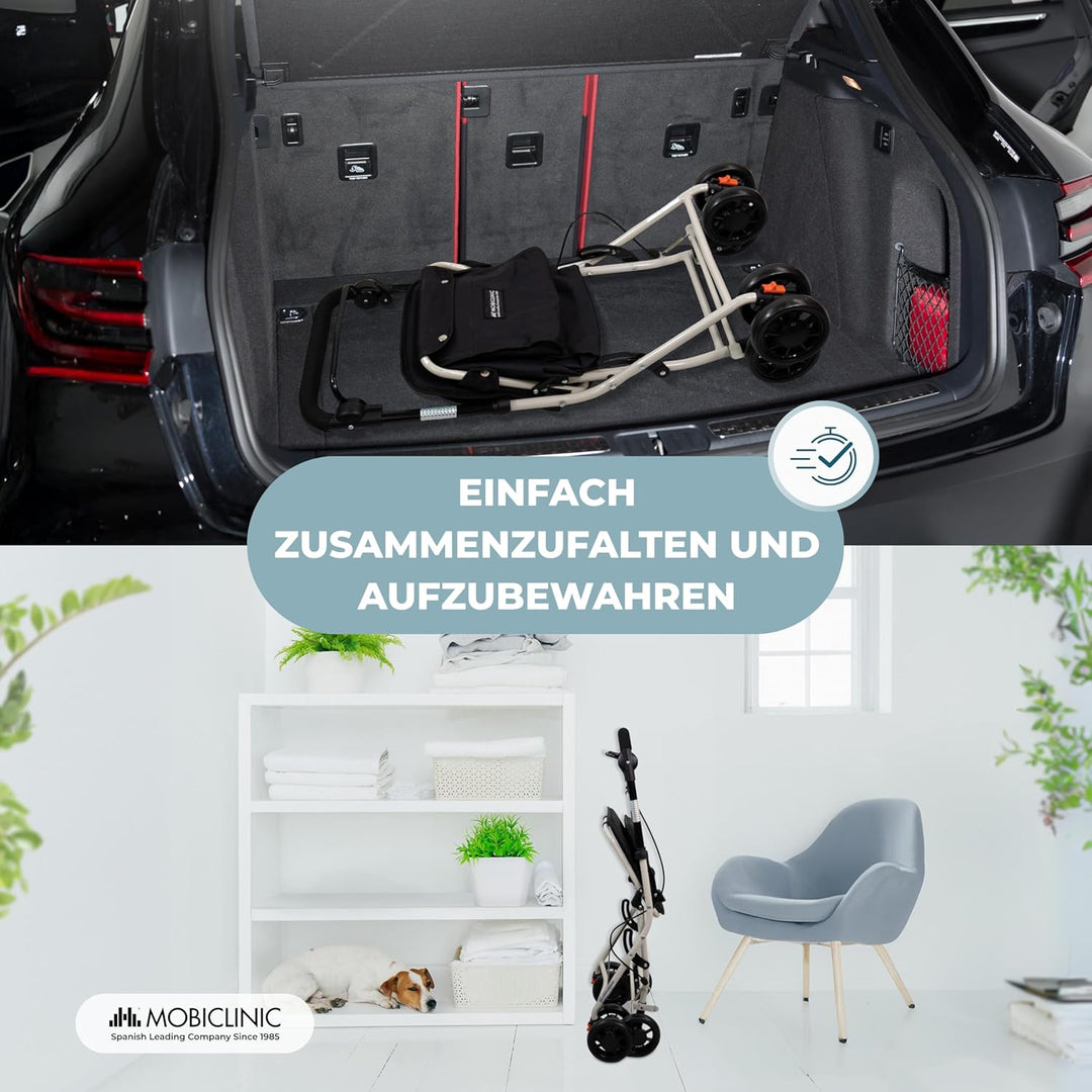 Mobiclinic®, Einkaufswagen mit Sitz, Faltbarer Rollator für Erwachsene, 21 L, Rückenlehne, 4 Räder,