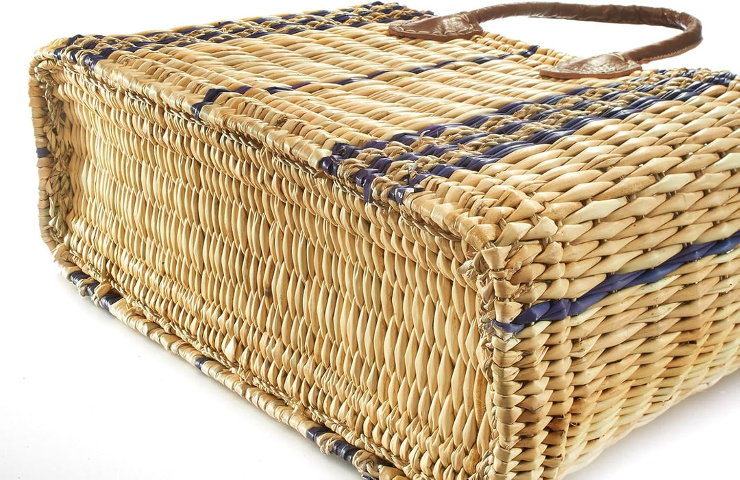 Kobolo Tasche Seegrastasche Korbtasche Strandtasche - Lederhenkel - Muster in blau